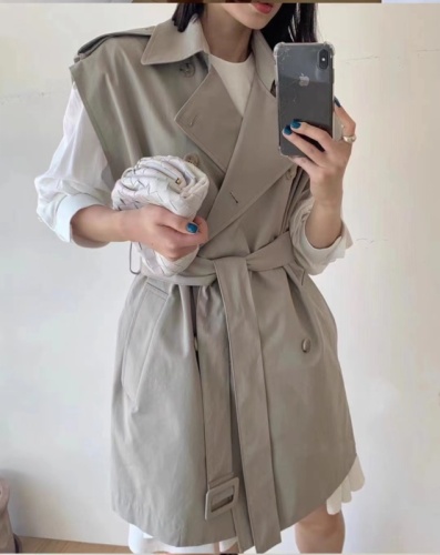 Korean chic style lapel double-breasted loose mid-length sleeveless windbreaker vest jacket for women