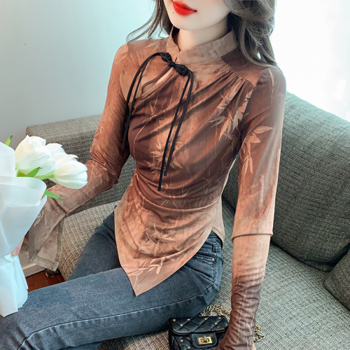 Actual shot of 2024 autumn new national style ink dyeing printed Chinese style improved cheongsam trumpet sleeve bottoming shirt for women