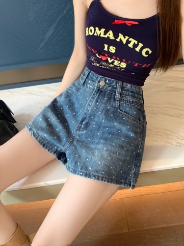 Real shot!  High waist polka dot denim shorts for women summer side slit versatile slimming A-line wide leg hot pants trendy