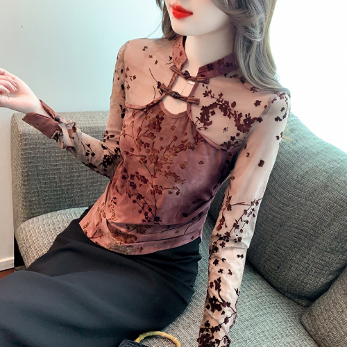 Retro buttoned flocked chiffon shirt for women 2024 autumn new temperament slim and versatile slimming irregular bottoming shirt