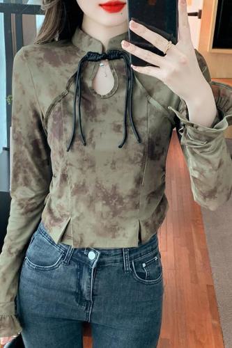 Actual shot of 2024 lace shirt tie-dye Korean version versatile lady super slim regular pullover autumn and winter bottoming shirt