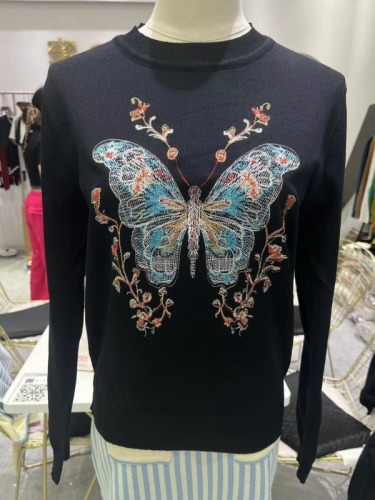 2024 new autumn heavy industry butterfly embroidered round neck pullover long-sleeved ice silk knitted T-shirt slim and versatile top