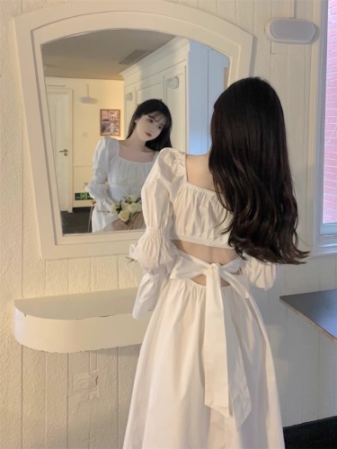 Real shot ~ French first love design white long dress with hollow bow on the back