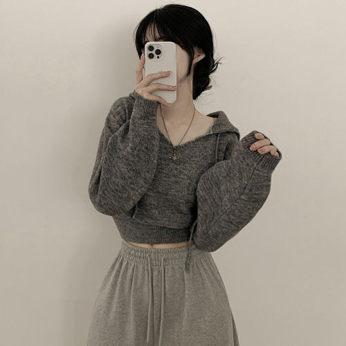 Fat mm knitted sweater real shot Korean style ins casual knitted hooded pullover sweater short sweater long sleeve knitted sweater