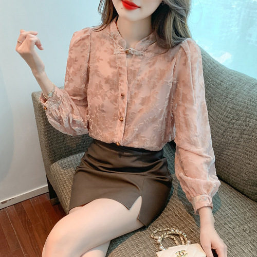 Real shot 2024 spring new style light national style top velvet burnt flower private style long-sleeved shirt for women early autumn