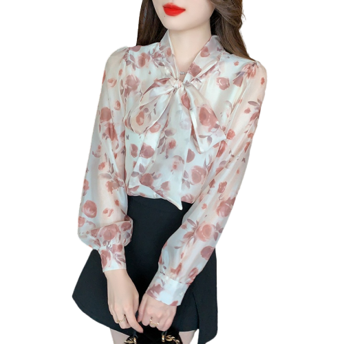 Real shot floral chiffon shirt women's long sleeve 2024 new style temperament fashion top butterfly shirt