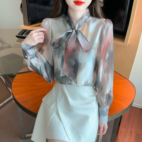 Real shot floral chiffon shirt women's long sleeve 2024 new style temperament fashion top butterfly shirt