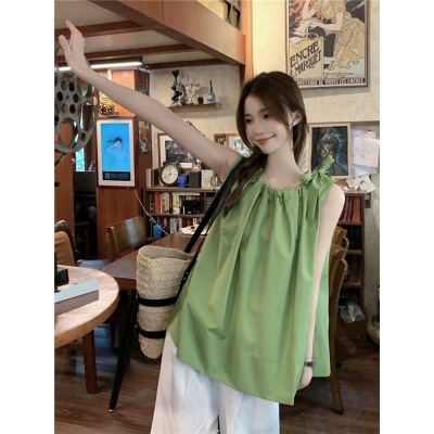 Real shot!  Korean style round neck pleated lace-up sleeveless vest shirt for women loose slimming solid color temperament top