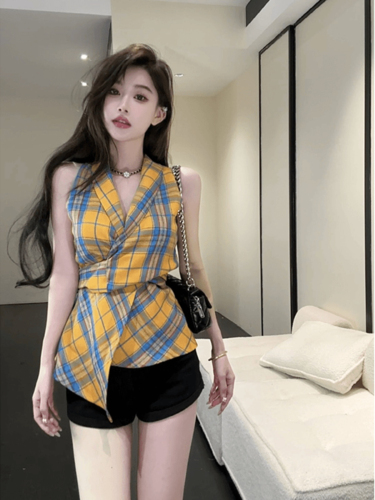 Official Photo Summer Dopamine Outfit Plaid Camisole Women's Outerwear Design Waist Sleeveless V-Neck Top