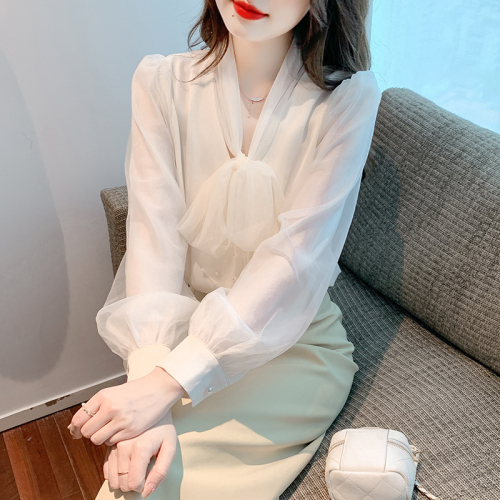 Real shot long-sleeved top 2024 autumn and winter new elegant classic temperament commuting beaded straps and soft yarn versatile shirt