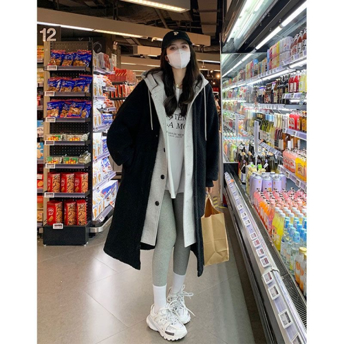 2024 Korean chic autumn and winter new long hooded skirt jacket sherpa versatile loose fashion jacket trend