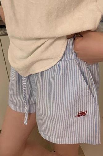 Original fabric embroidery vertical stripe drawstring letter embroidery wide leg shorts for women loose summer casual