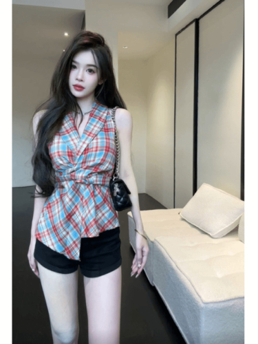 Official Photo Summer Dopamine Outfit Plaid Camisole Women's Outerwear Design Waist Sleeveless V-Neck Top