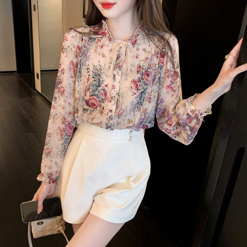 Actual shot of 2024 spring, summer and autumn long-sleeved chiffon shirt tops for women Korean style lace-up floral chiffon shirt