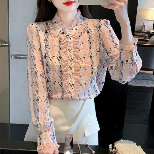 Actual shot of 2024 spring new style fashionable stand-up collar floral chiffon shirt women's long-sleeved top