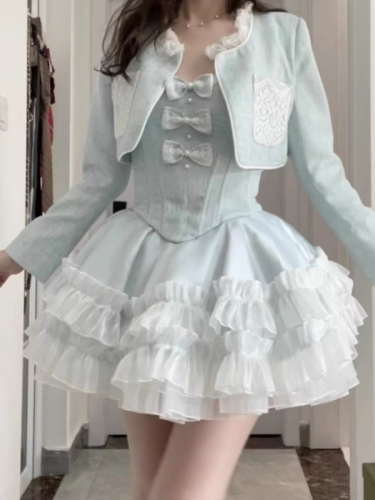 Gentle and sweet niche fugitive princess dress slimming waist suspender skirt tutu skirt + cardigan jacket suit for women