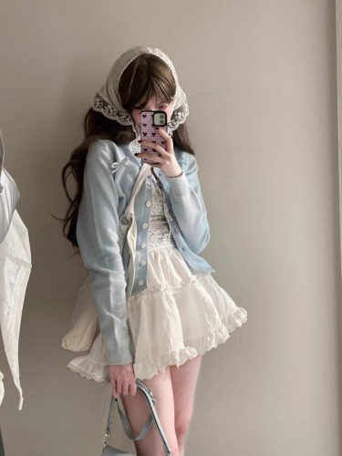 Ballet-inspired knitted cardigan, new spring women's clothing, bow sweet girl Korean style soft and tender top, blue sweater coat
