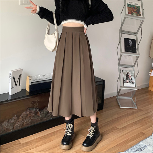 Actual shot of women's new high-waisted hip-covering A-line umbrella skirt mid-length suit pleated skirt