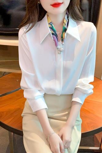 2024 Autumn New Style Dropped Shoulder Sleeve White Shirt LO Business Wear Acetate Satin High-end Top Women's Assembly Tie