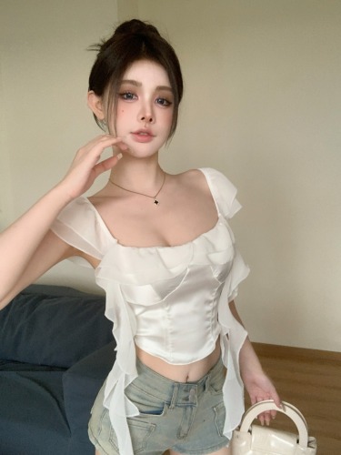 Real shot!  !  Hot girl patchwork shirt French short off-shoulder niche chic women's bone top