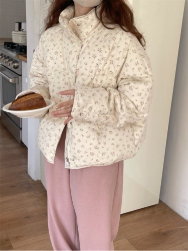 Winter new Korean style small floral short down cotton jacket with stand collar thickened bread cotton jacket for women