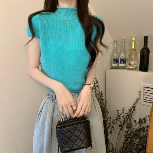 Real shot Summer new style small stand-up collar short-sleeved sweater crop top for women