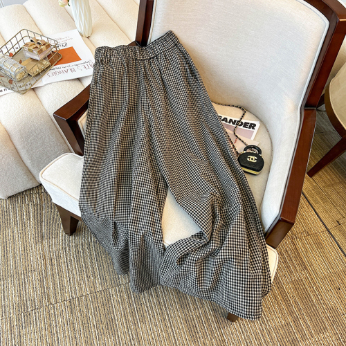 50 cotton original three-dimensional waist new Chinese style plaid wide leg pants casual loose elastic high waist straight pants