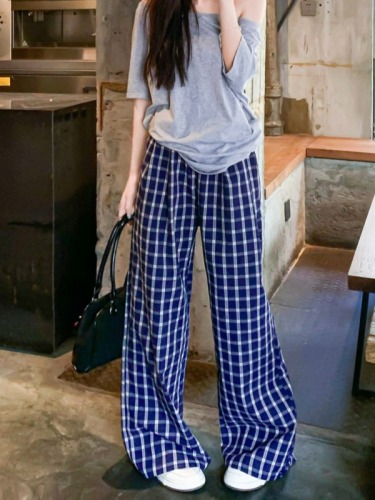 70 cotton three-dimensional elasticated bubble cotton plaid pants with the same style as sweet and spicy casual pants, loose wide-leg pants