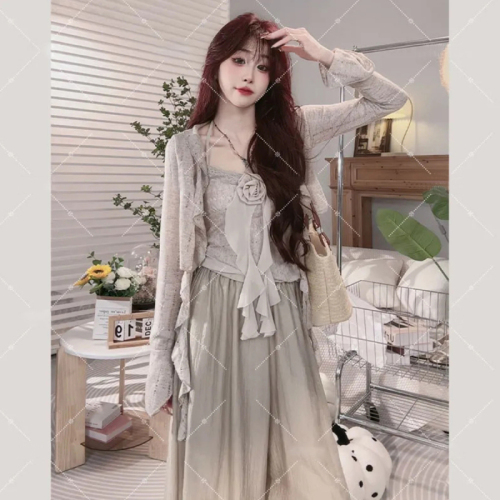 Quality inspector picture Spring and Autumn new Chinese style Zen ruffled cardigan design with suspender neck top for women