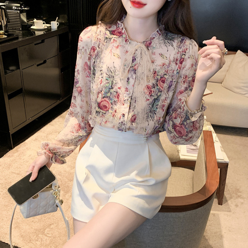 Actual shot of 2024 spring, summer and autumn long-sleeved chiffon shirt tops for women Korean style lace-up floral chiffon shirt