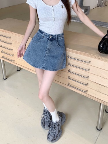 Real shot!  A-line Korean style high-waist slim denim skirt for women, versatile short skirts and pants skirts