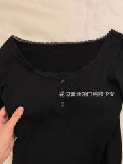 Design niche lace pure cotton long-sleeved T-shirt women's spring and autumn short bottoming shirt slim fit top