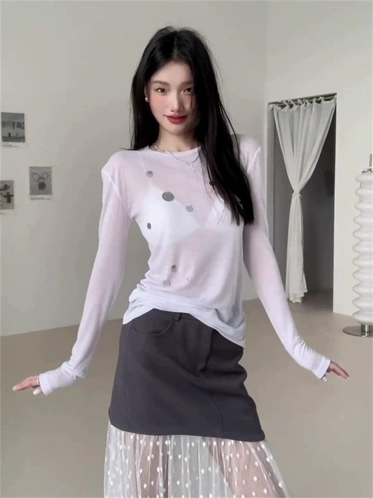 French pullover ice silk thin sequin sunscreen top for women summer slightly see-through with suspender skirt air-conditioned sweater knitted blouse