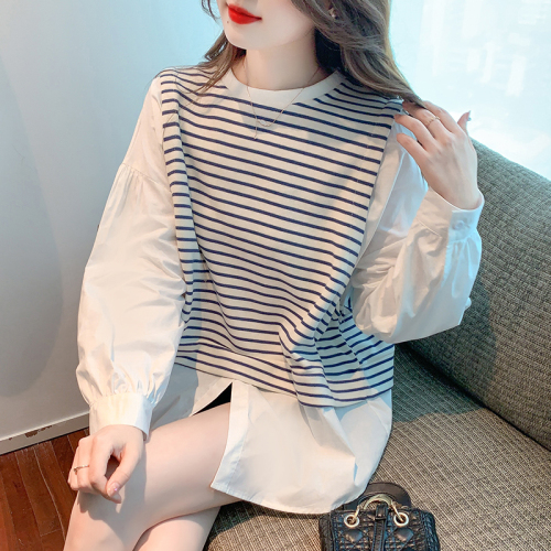 Actual shot of 2024 spring and autumn striped new style temperament splicing shirt fake two pieces of personality white sweatshirt top