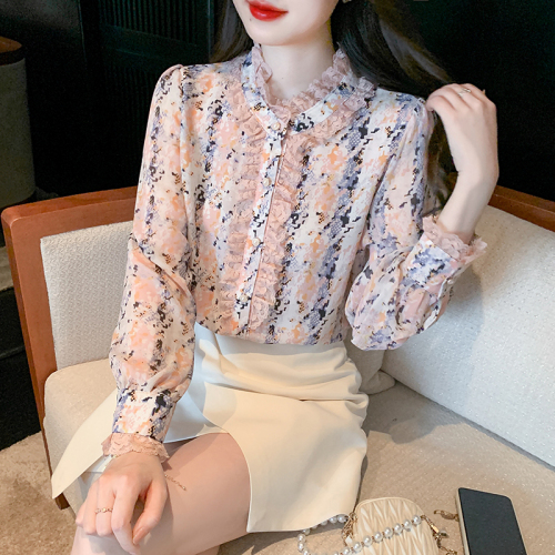 Actual shot of 2024 spring new style fashionable stand-up collar floral chiffon shirt women's long-sleeved top