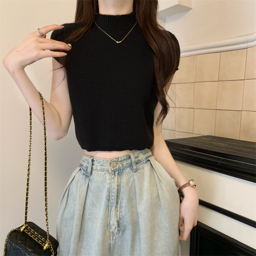 Real shot Summer new style small stand-up collar short-sleeved sweater crop top for women