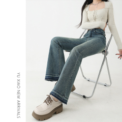 復古藍彈力微喇牛仔褲女秋冬新款高腰大碼顯瘦梨形身材胖mm馬蹄褲