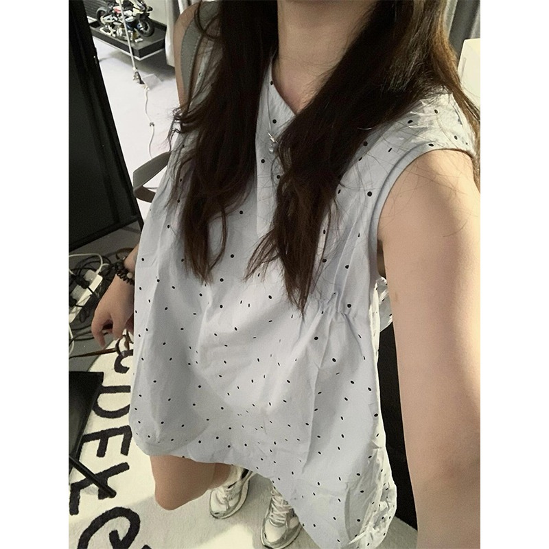 Light blue polka dot print sleeveless vest for women summer 2024 new design niche outer wear baby doll top