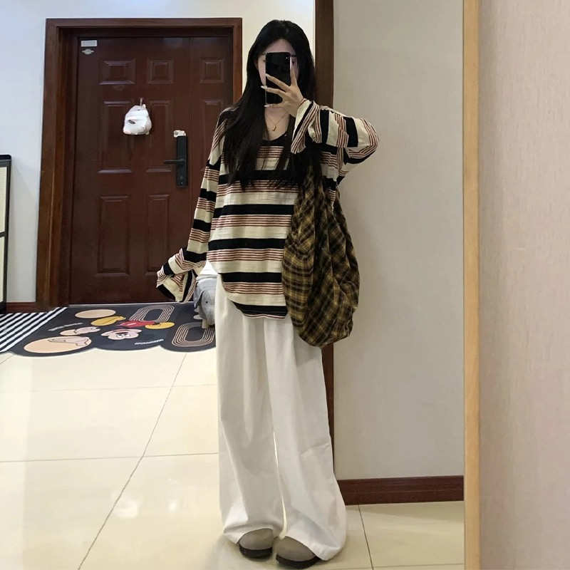 Hong Kong style chic striped long-sleeved sun protection T-shirt loose Harajuku style chic casual versatile top trendy
