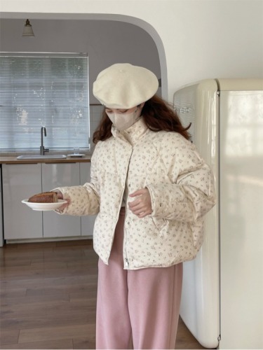 Winter new Korean style small floral short down cotton jacket with stand collar thickened bread cotton jacket for women