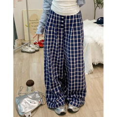 Real shot of Zhao Lusi's same style loose plaid wide-leg casual pants summer thin lazy drape floor mopping pants
