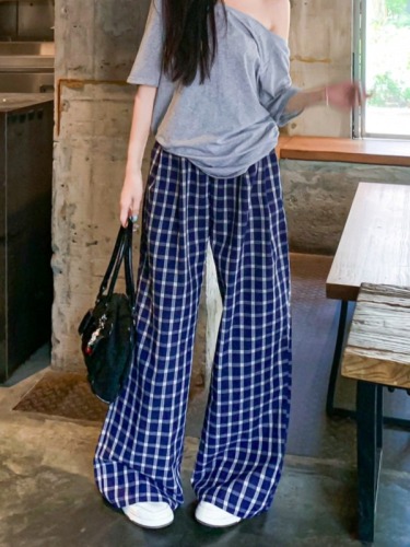 70 cotton three-dimensional elasticated bubble cotton plaid pants with the same style as sweet and spicy casual pants, loose wide-leg pants