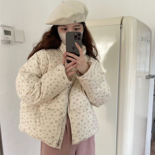 Winter new Korean style small floral short down cotton jacket with stand collar thickened bread cotton jacket for women