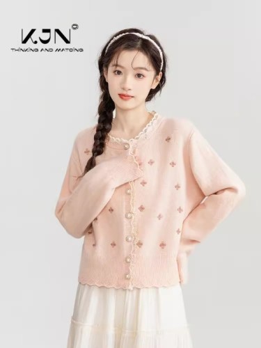 Pink lace splicing knitted cardigan for women spring and autumn new loose design sweater thin jacket short top