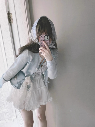 Ballet-inspired knitted cardigan, new spring women's clothing, bow sweet girl Korean style soft and tender top, blue sweater coat