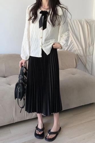 Actual shot ~ 2024 new Korean style mid-length pleated skirt with elastic waist, versatile slimming skirt, A-line skirt for women