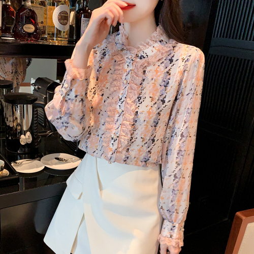 Actual shot of 2024 spring new style fashionable stand-up collar floral chiffon shirt women's long-sleeved top