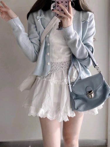 Ballet-inspired knitted cardigan, new spring women's clothing, bow sweet girl Korean style soft and tender top, blue sweater coat