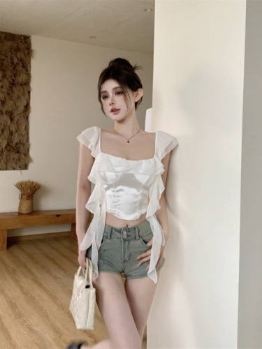 Real shot!  !  Hot girl patchwork shirt French short off-shoulder niche chic women's bone top