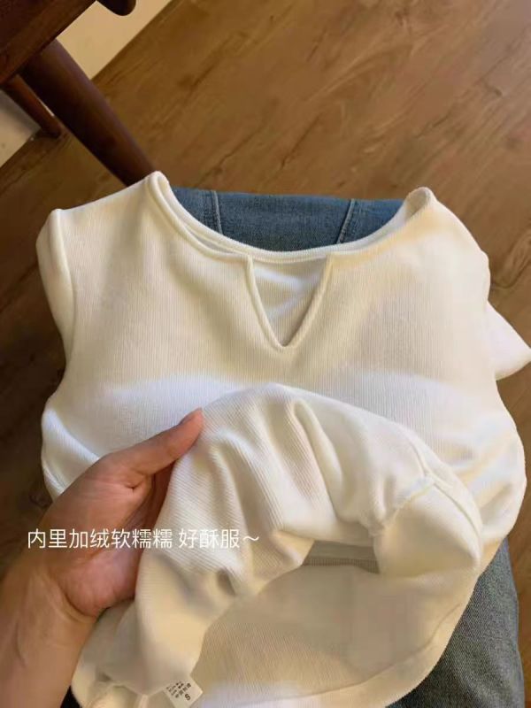 V-neck T-shirt for women, autumn and winter, undergarment, fleece, thickening, warm, brushed, short-sleeved t-shirt, slimming top 